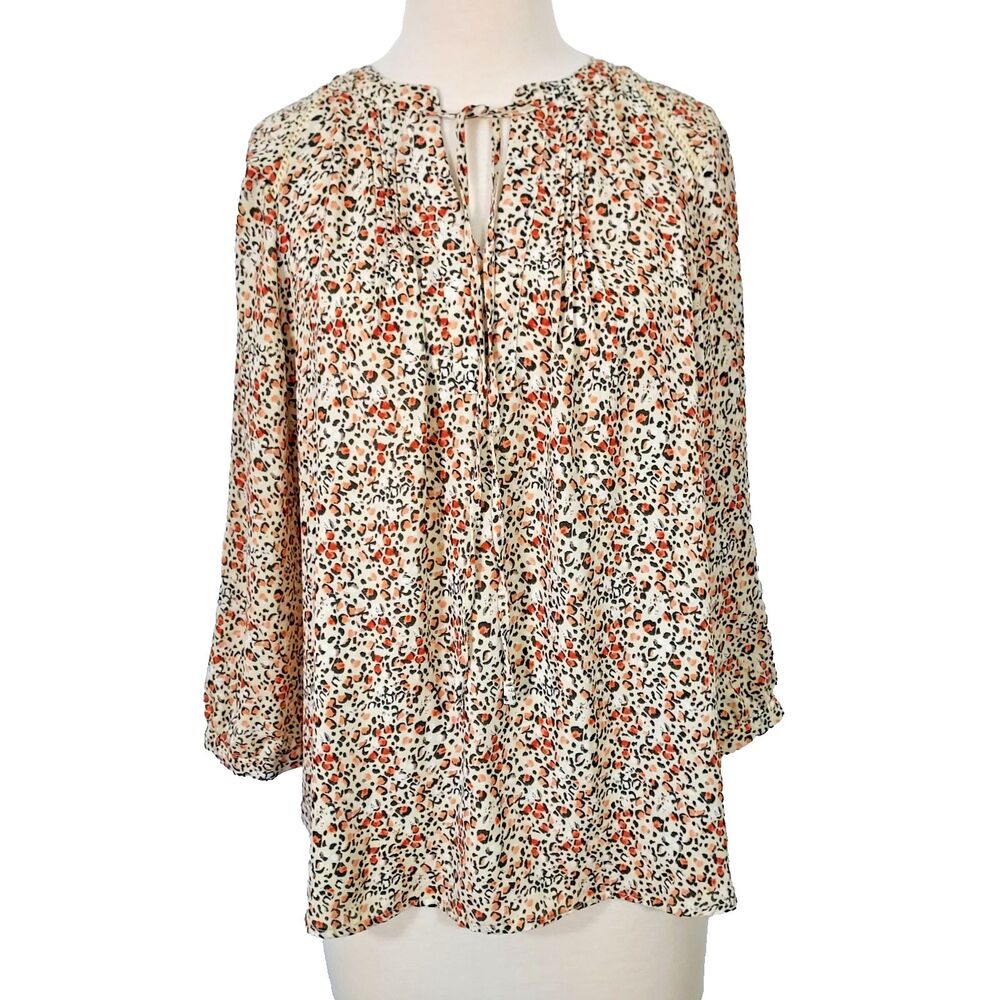 Zac & Rachel Women’s Blouse Size Large Tie Front Sheer Leopard 3/4 Sleeve Flowy